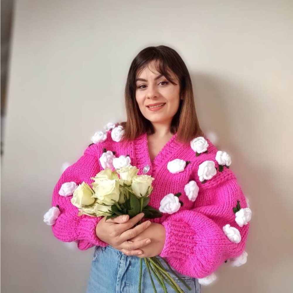 Pink Floral 3D Flowers Chunky Cardigan Sweater
